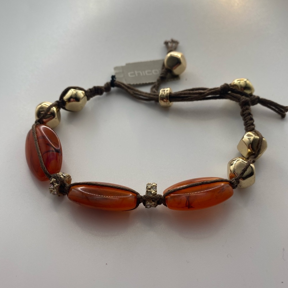 Chico's Amber Brown Gold Colored Bohemian Macrame Bracelet NWT Adjusts up to 8”